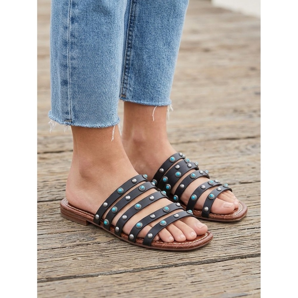 Sam Edelman Slide Sandals Leather Turquoise Studded Strappy 7.5M Western-Boho
